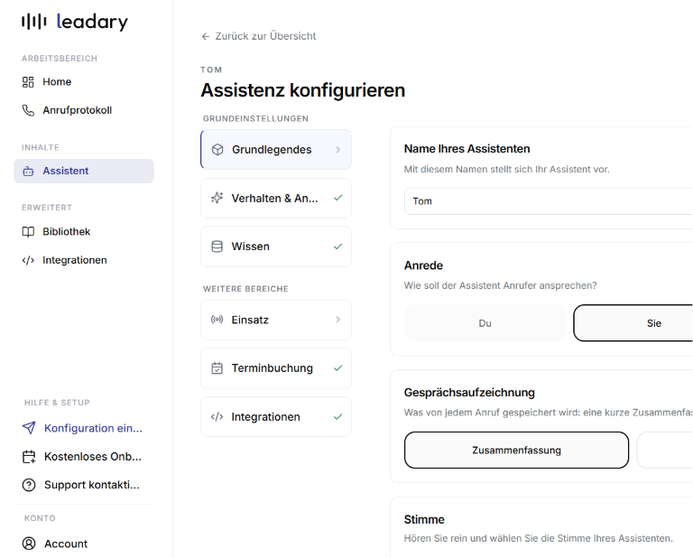 Schritt 2 - Assistenz konfigurieren: Name, Anrede und Stimme festlegen